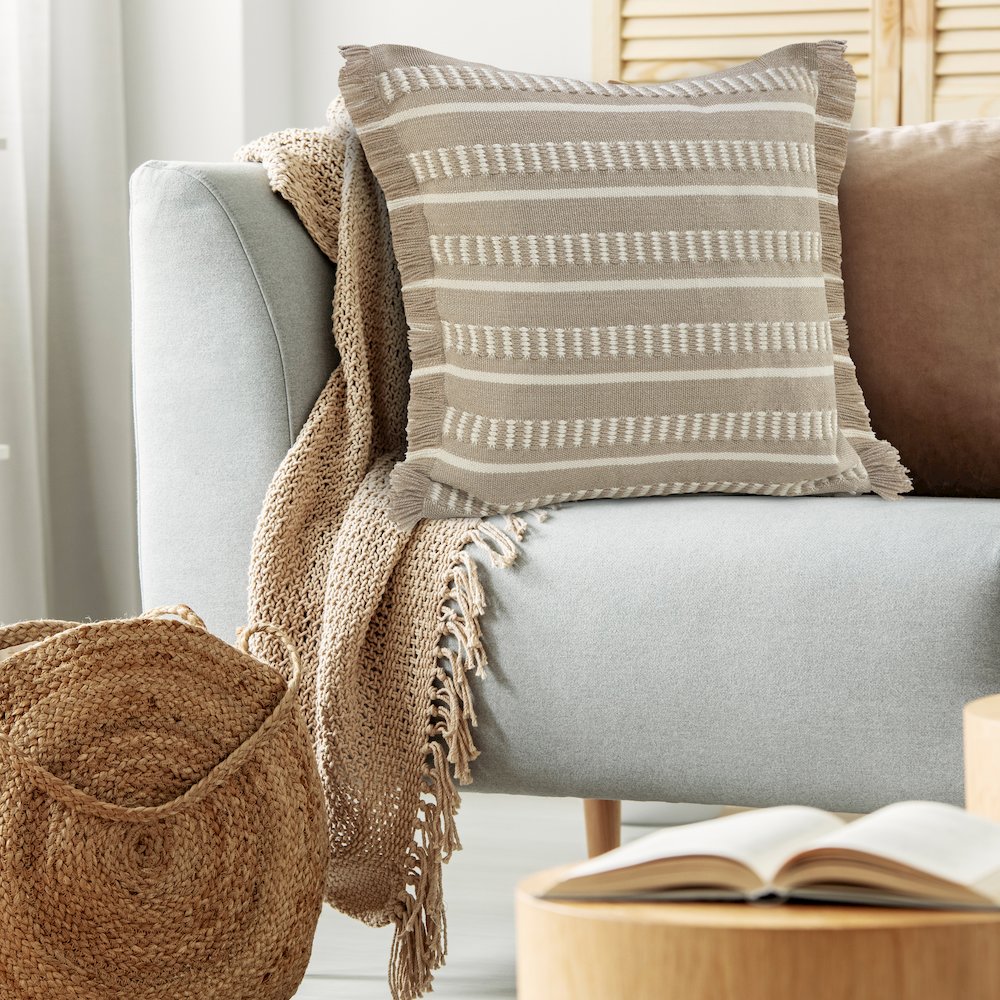 Dash Striped Indoor Outdoor Oversized Throw Pillow with Fringe. Picture 2