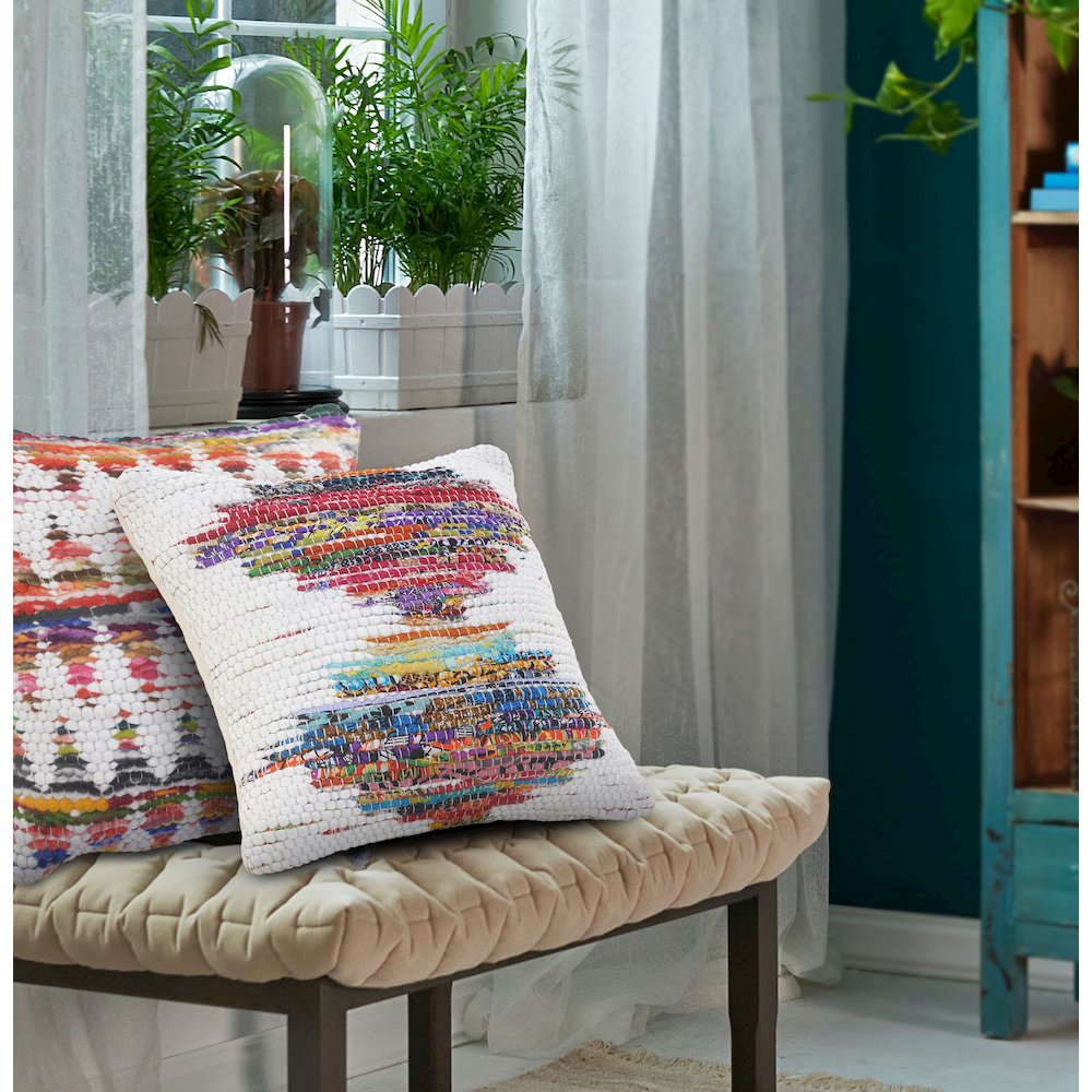 White and Multicolored Chindi Geometric Throw Pillow. Picture 8