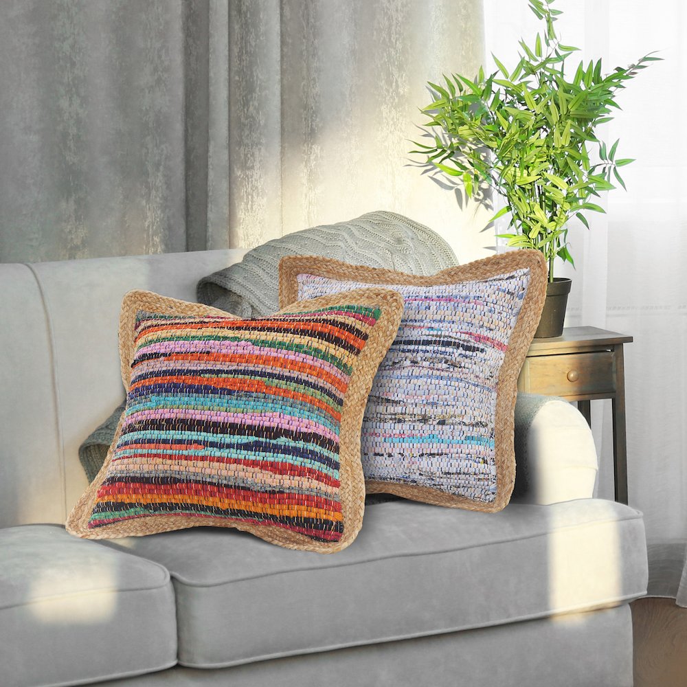 Evette Rios Riley Multicolored Chindi Jute Bordered Throw Pillow. Picture 8