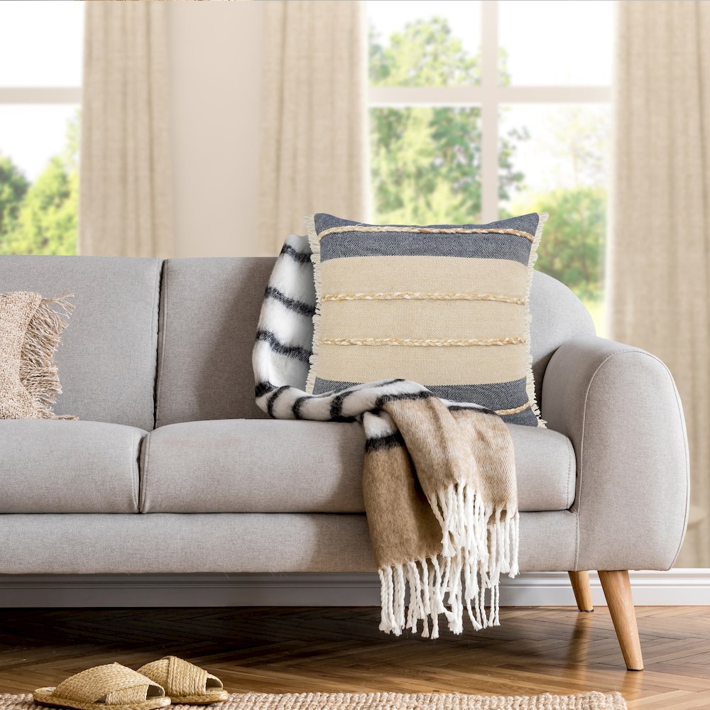 Atlantis Denim Blue and Taupe Throw Pillow with Jute Braiding and Fringe. Picture 8
