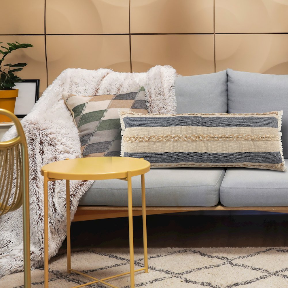 Atlantis Coastal Striped Lumbar Pillow with Jute Braiding and Fringe. Picture 8