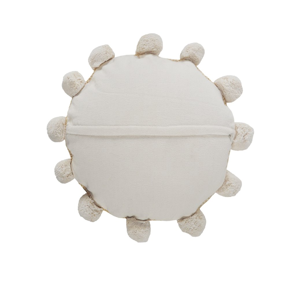 Round Natural Jute Throw Pillow with Pom Pom Border. Picture 8