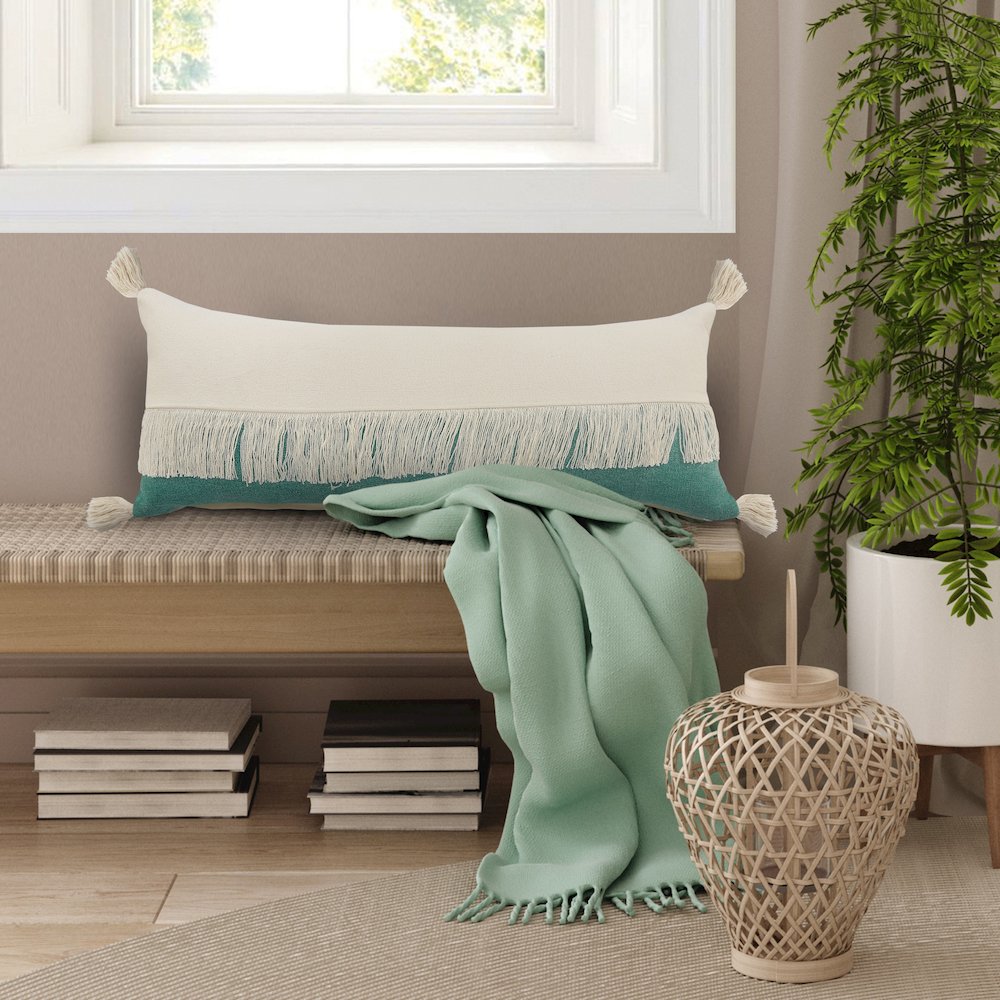 Ox Bay Green/White Color Block All-Natural Cotton Pillow Cover. Picture 9