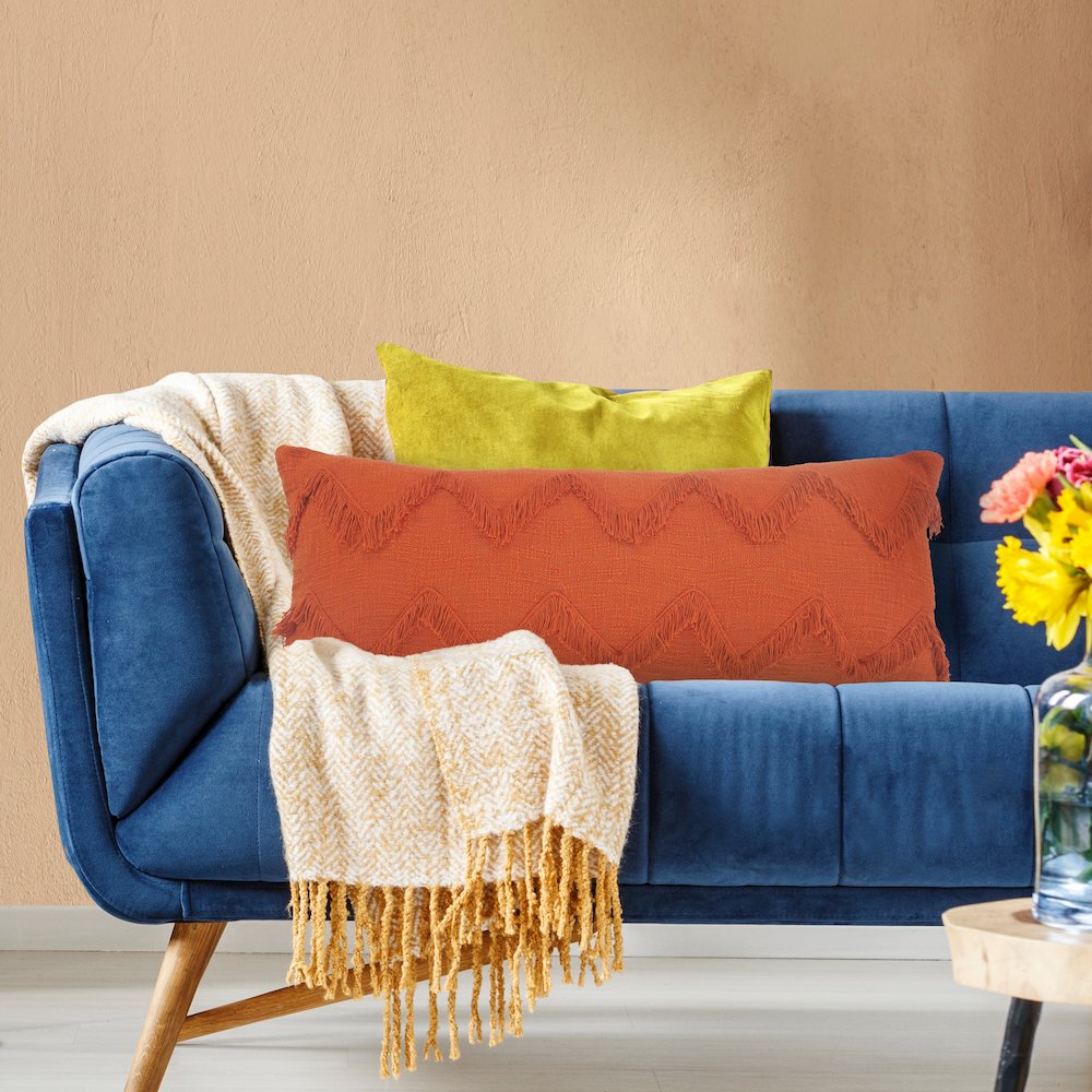Solid Cinnamon Chevron Shag Lumbar Throw Pillow. Picture 9