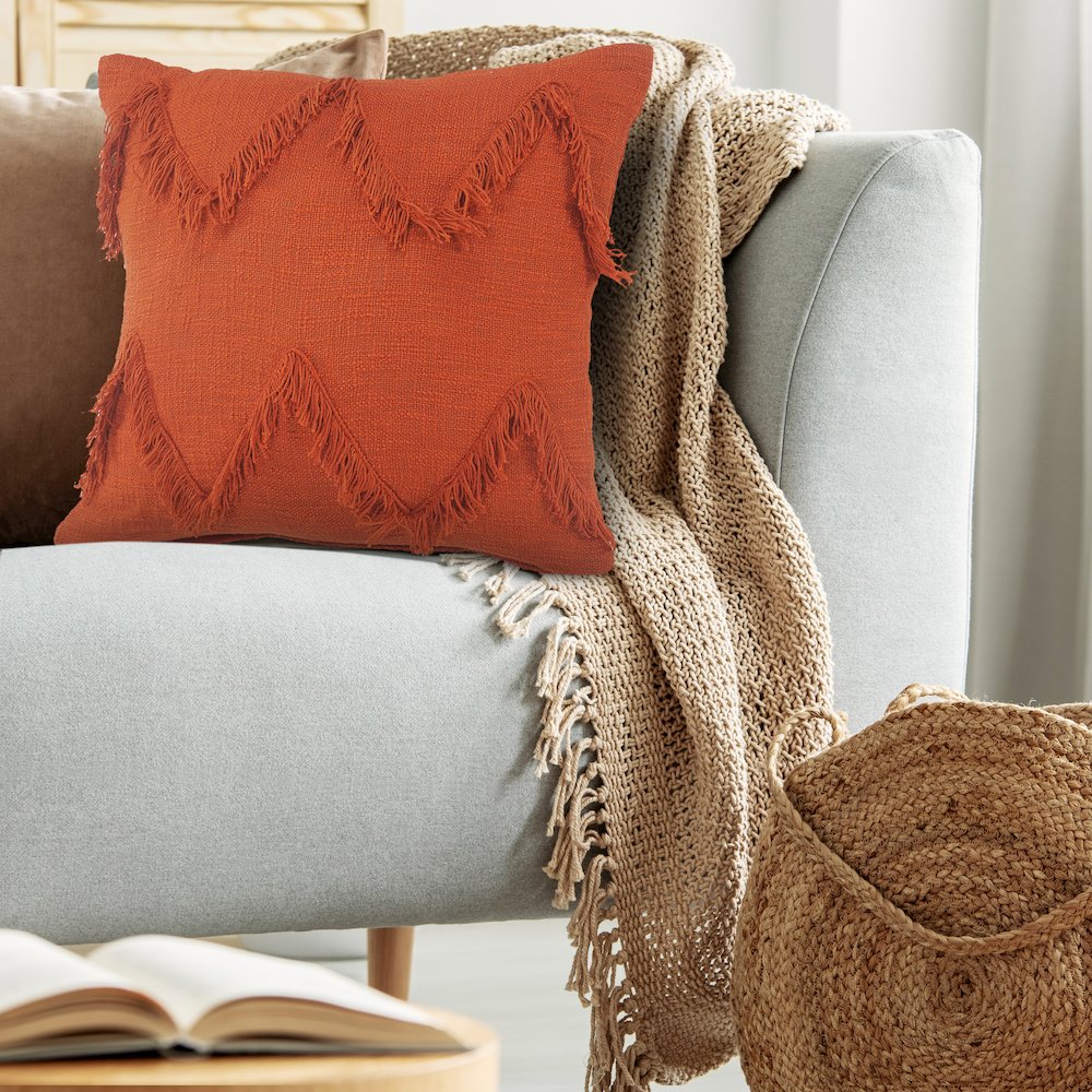 Solid Cinnamon Chevron Shag Throw Pillow. Picture 8