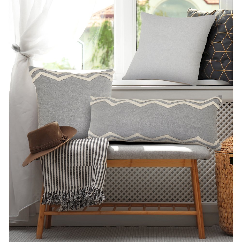 Ox Bay Gray/Cream Bordered All-Natural Cotton Pillow Cover. Picture 9