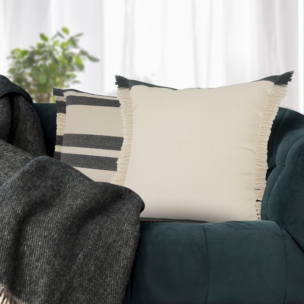 Juniper Green Striped Throw Pillow with Fringe. Picture 8