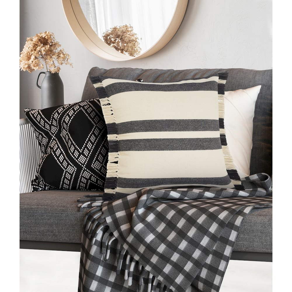 Gray Double Striped Throw Pillow with Fringe. Picture 8