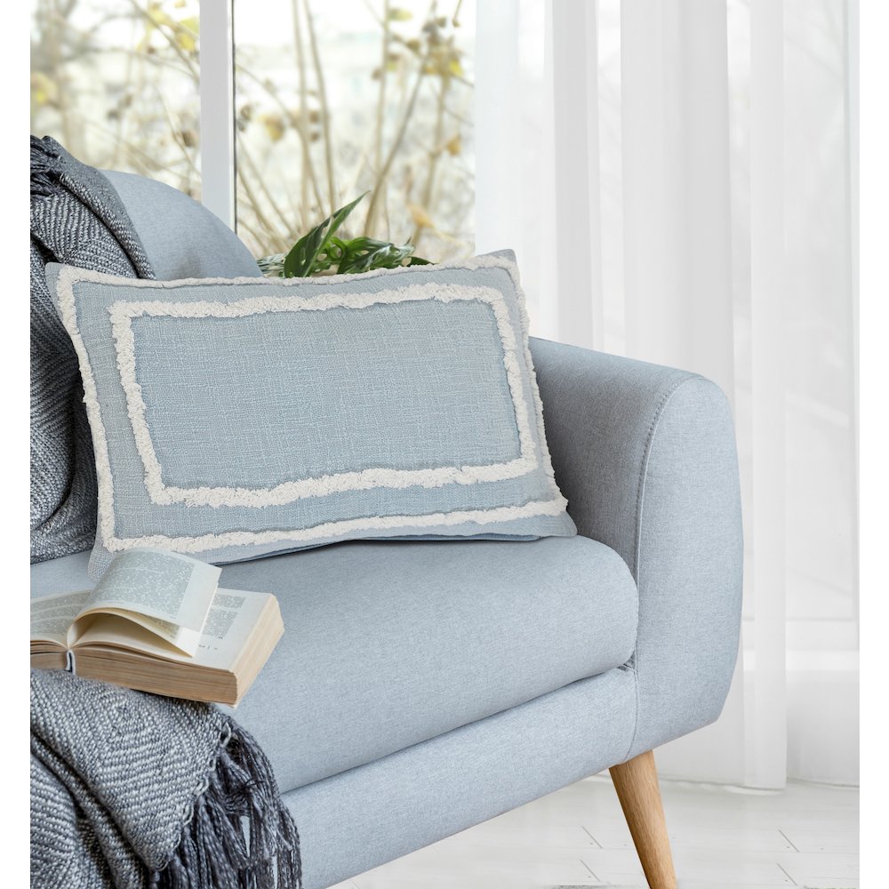Modern Tufted Sky Blue Lumbar Throw Pillow. Picture 8