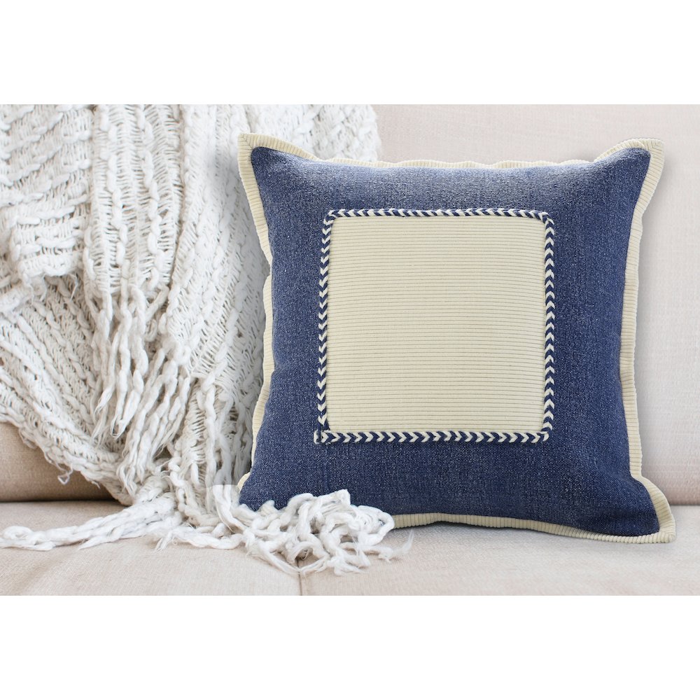 Ox Bay Hand-stitched Blue/White Bordered All-Natural Cotton Pillow Cover. Picture 8