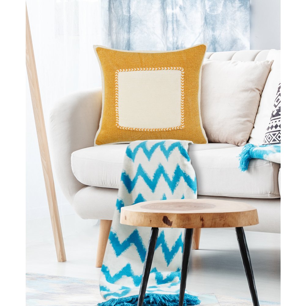 Ox Bay Hand-stitched Yellow/White Bordered All-Natural Cotton Pillow Cover. Picture 8