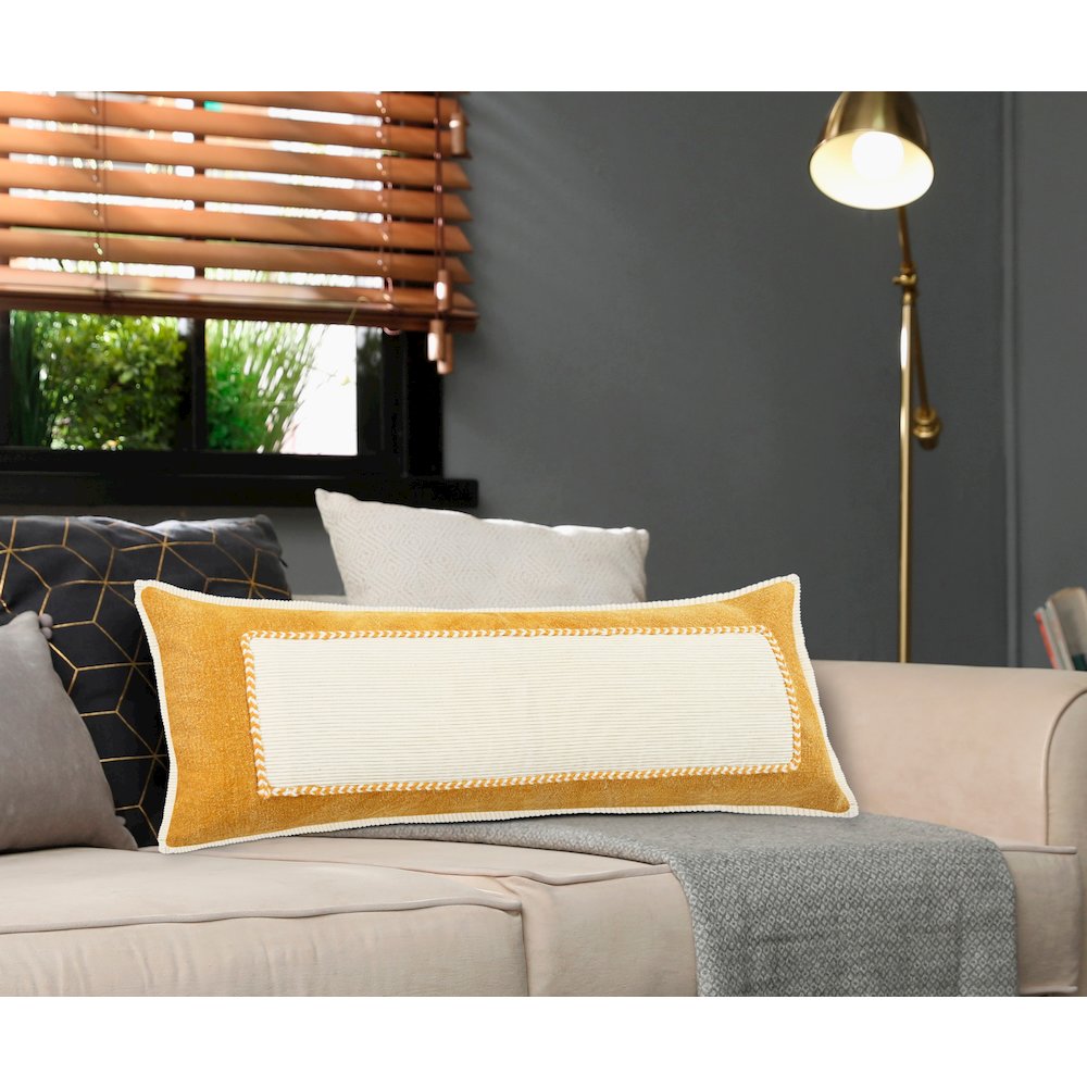 Ox Bay Hand-stitched Yellow/White Bordered All-Natural Cotton Pillow Cover. Picture 8