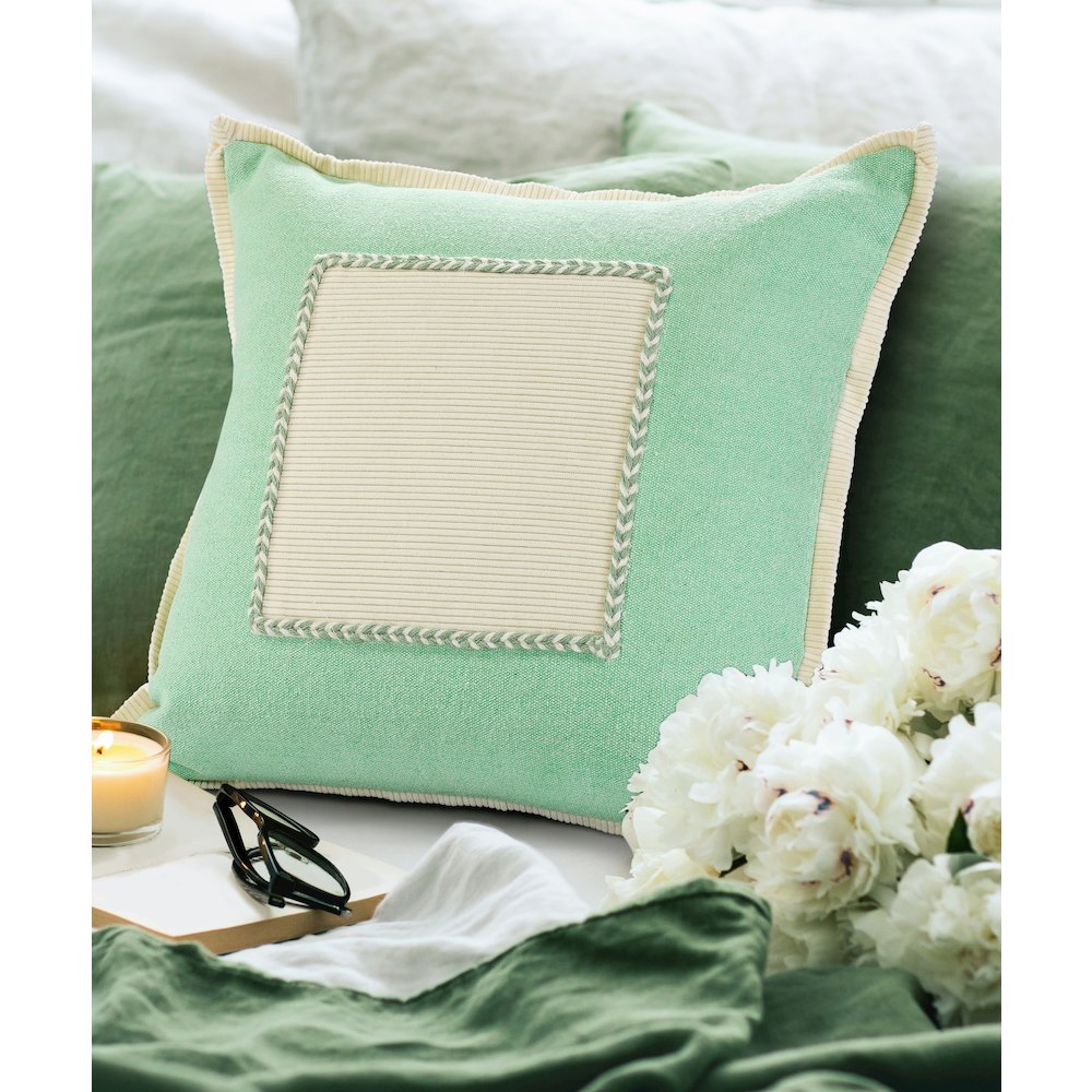 Ox Bay Hand-stitched Green/White Bordered All-Natural Cotton Pillow Cover. Picture 8