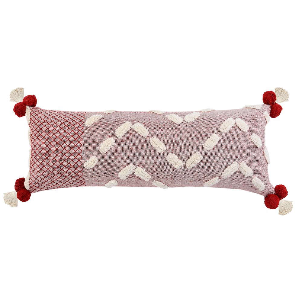 Heute Red Zeal Pom Lumbar Throw Pillow. Picture 1