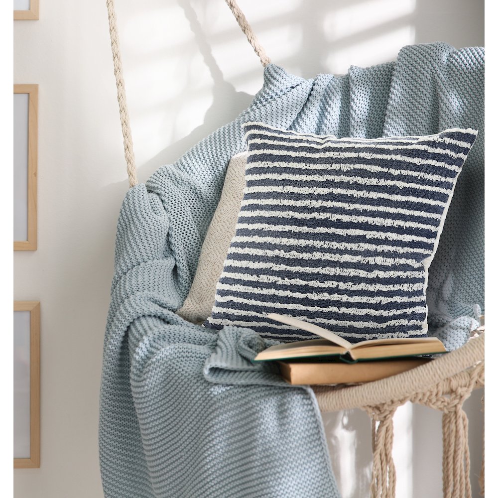 Ox Bay Hand-stitched Blue/White Stripe All-Natural Cotton Pillow Cover. Picture 8