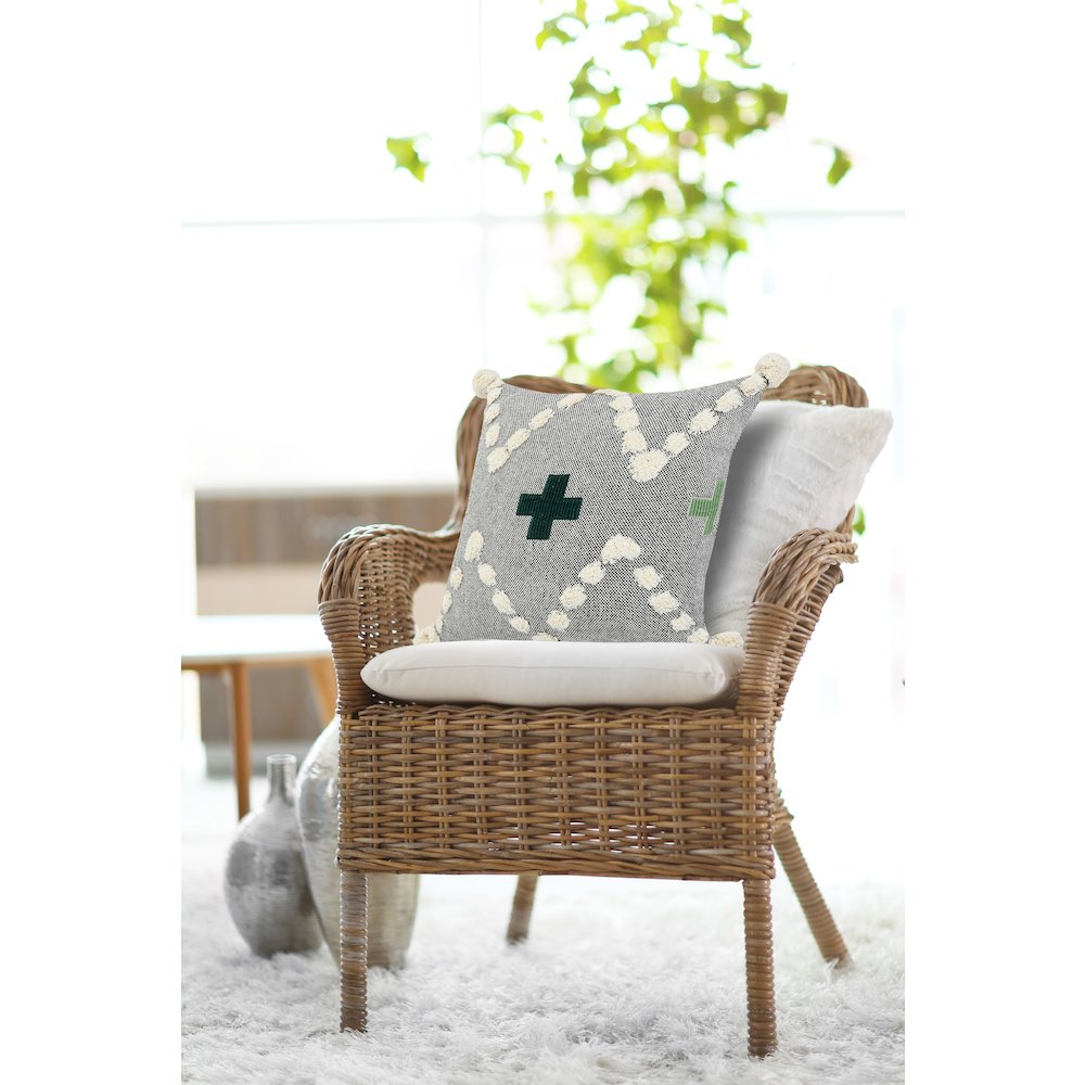 Ox Bay Hand-stitched Gray/Green Geometric All-Natural Cotton Pillow Cover. Picture 8