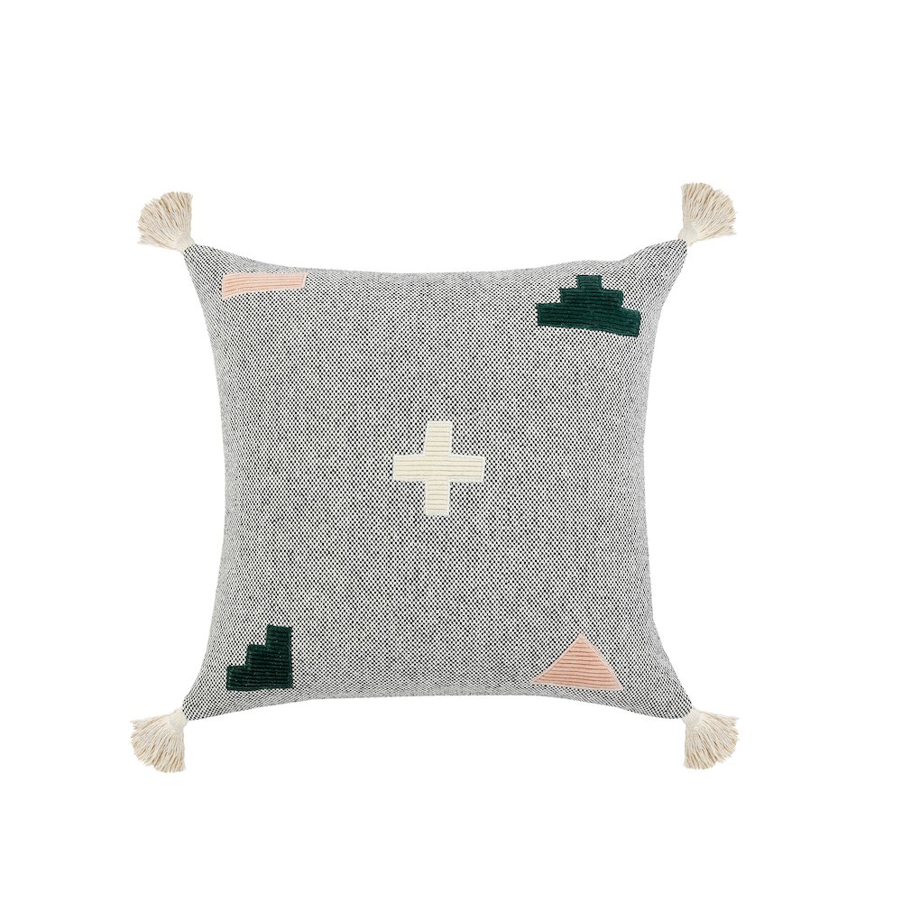 Ox Bay Hand-stitched Gray/Green Geometric All-Natural Cotton Pillow Cover. Picture 1