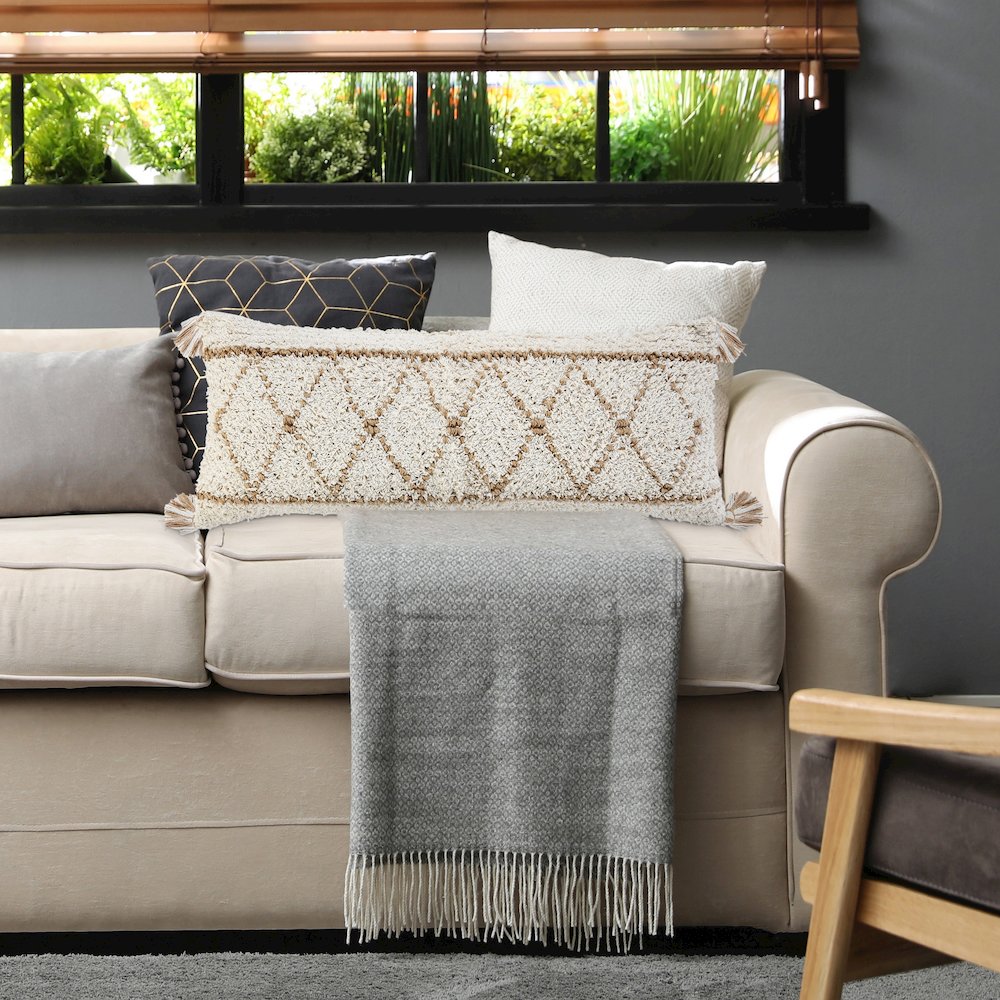 Boho-Chic Diamond Jute and Cotton Lumbar Throw Pillow. Picture 8