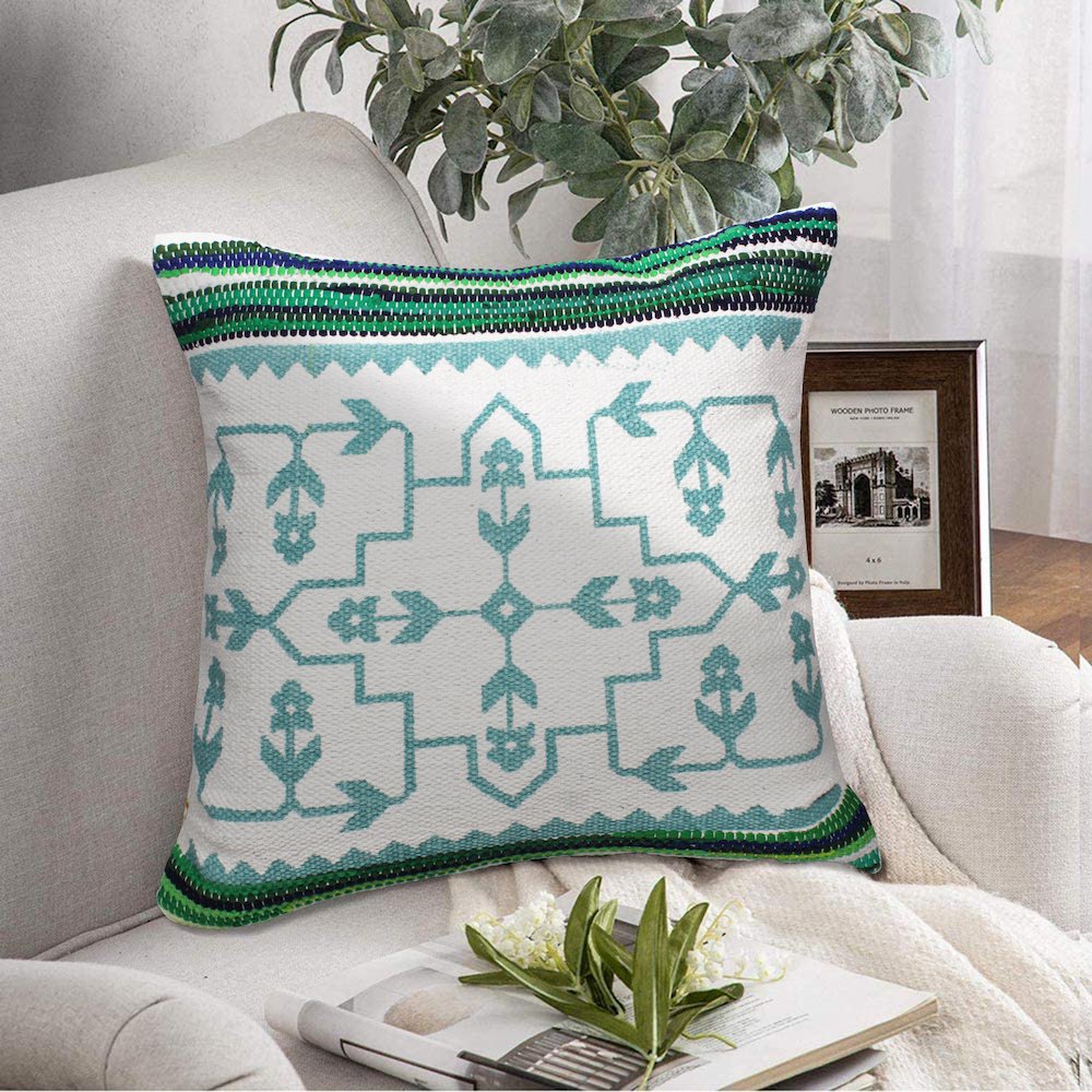 Boho Bordered Budding Floral Mosaic Textile Throw Pillow. Picture 8