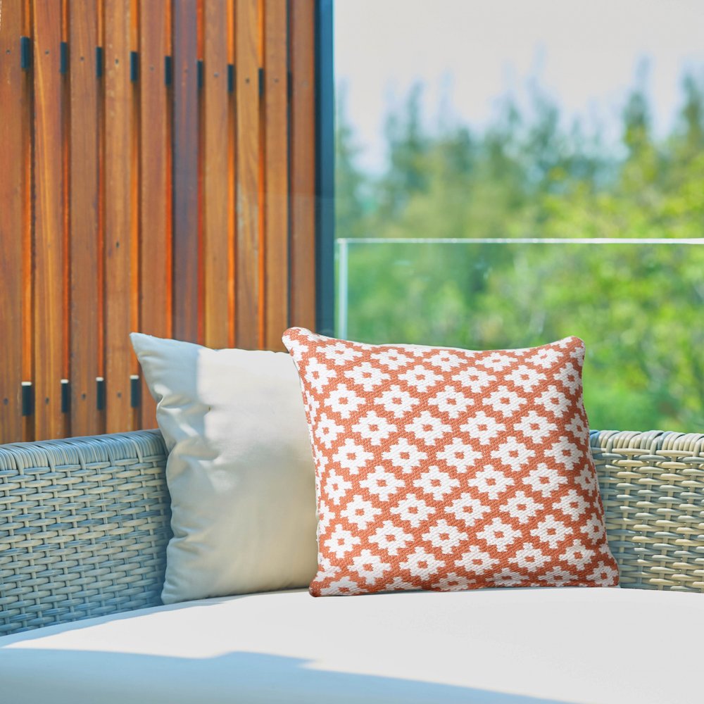 Modern Motif Woven Geometric Checker Cotton Blend Throw Pillow, Orange. Picture 10