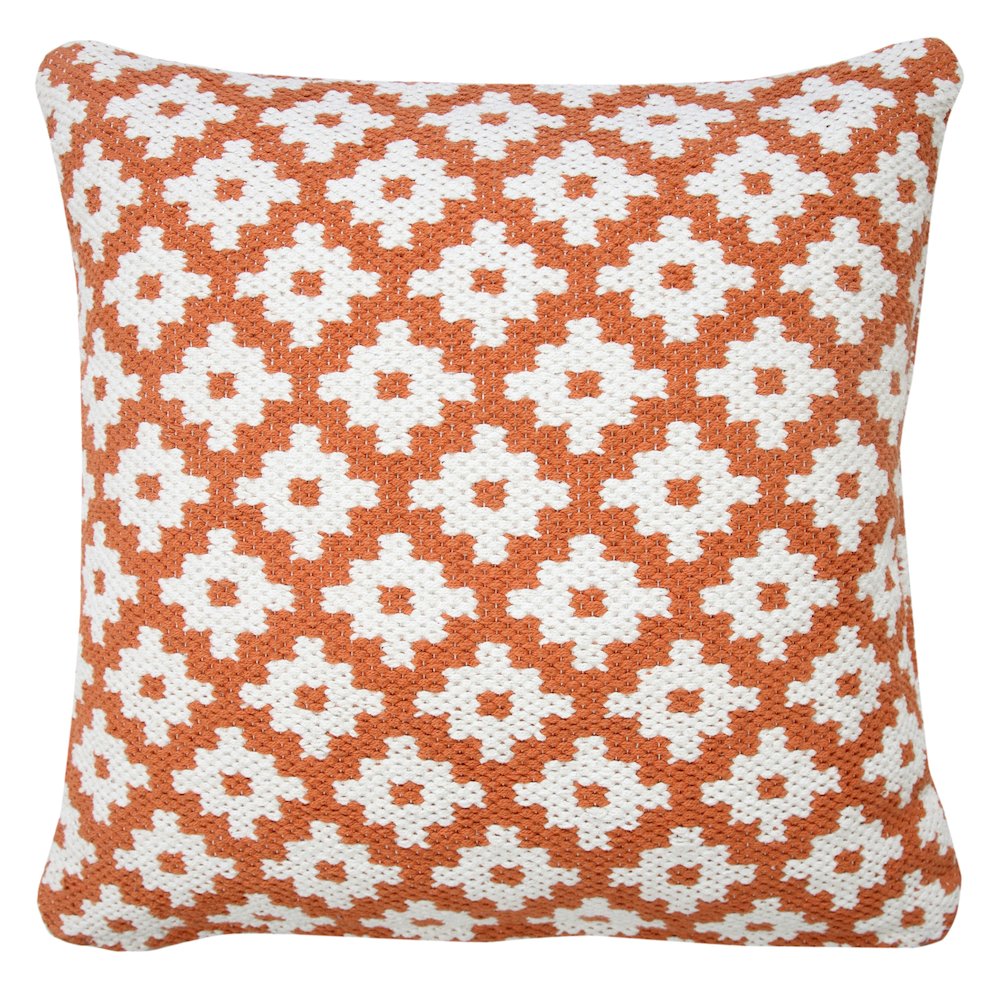 Modern Motif Woven Geometric Checker Cotton Blend Throw Pillow, Orange. Picture 1