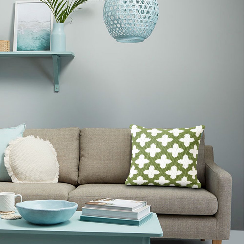 Modern Motif Swiss Cross Woven Geometric Cotton Blend Throw Pillow, Green. Picture 8