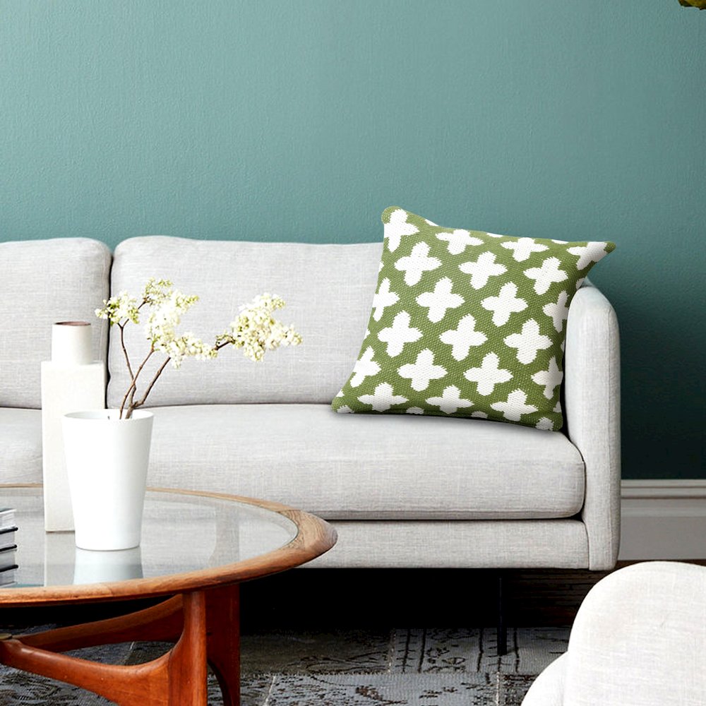 Modern Motif Swiss Cross Woven Geometric Cotton Blend Throw Pillow, Green. Picture 9