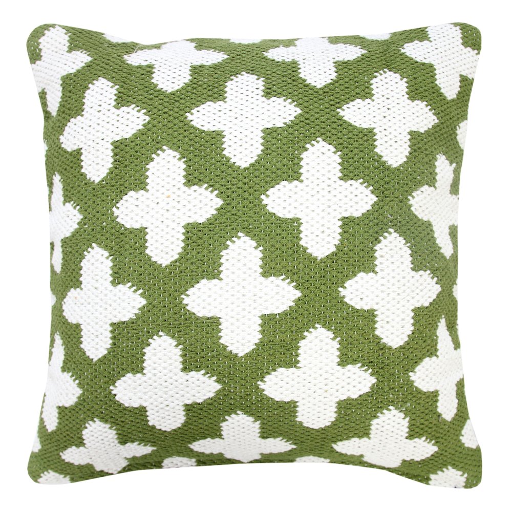 Modern Motif Swiss Cross Woven Geometric Cotton Blend Throw Pillow, Green. Picture 1