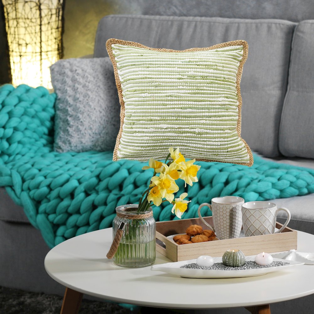 Ox Bay Hand-Woven Green/White Bordered Cotton Blend Pillow Cover. Picture 8