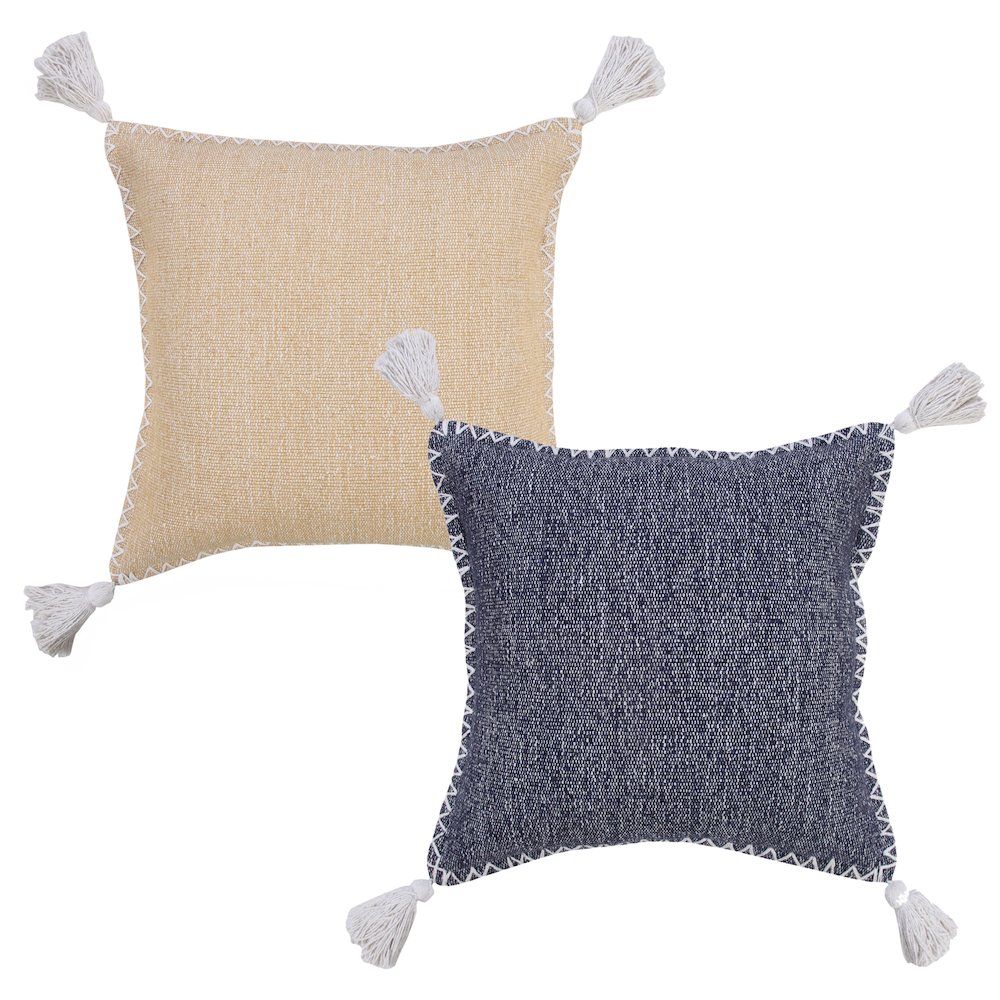 Solid Stonewash Boho Farmhouse Embroidered Edge Throw Pillow with Tassels. Picture 8