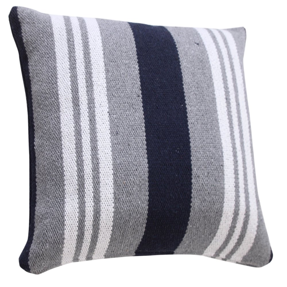 Ox Bay Hand-Woven Blue/Grey Stripe All-Natural Cotton Pillow Cover. Picture 4