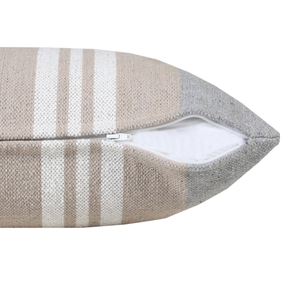 Ox Bay Hand-Woven Tan/Grey Stripe All-Natural Cotton Pillow Cover. Picture 3