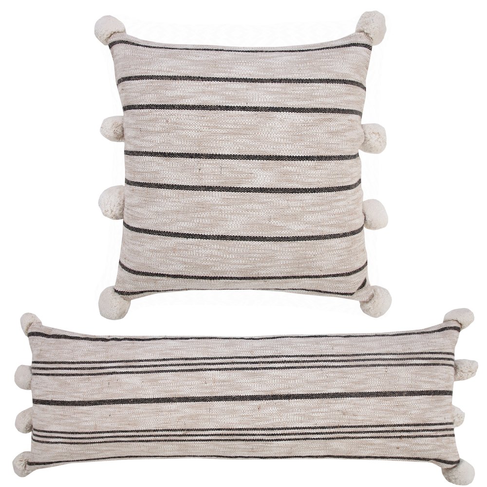 Modern Farmhouse Striped Throw Pillow with Pom Poms. Picture 8