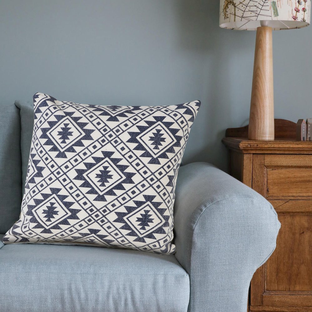 Southwestern Dynamic Denim Geometric Throw Pillow. Picture 8