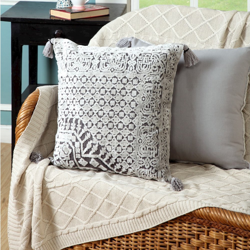 Gray Traditional Textured Geometric Throw Pillow. Picture 9