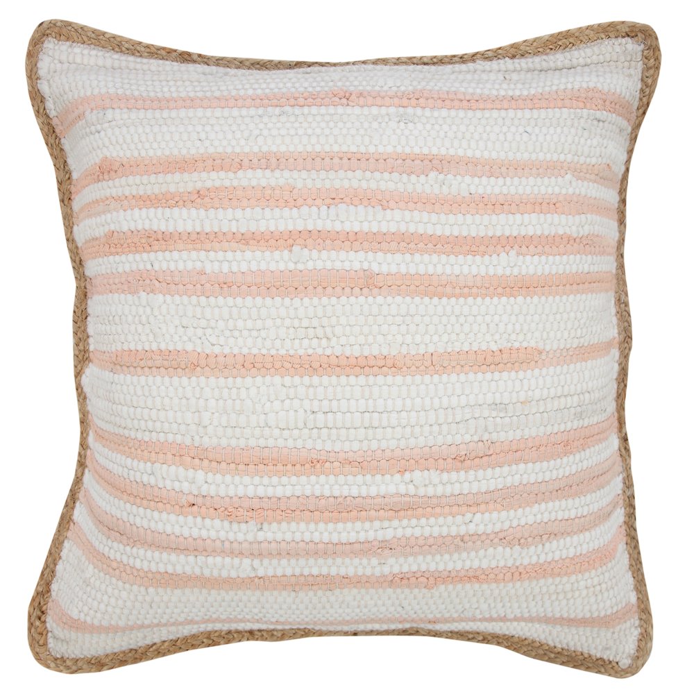 Coral Pink and White Striped Jute Bordered Throw Pillow. Picture 1