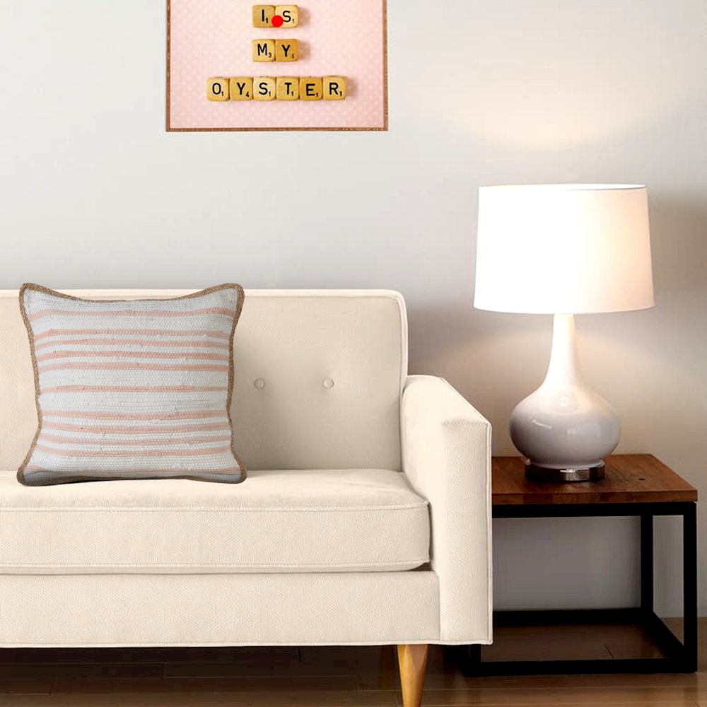 Coral Pink and White Striped Jute Bordered Throw Pillow. Picture 2