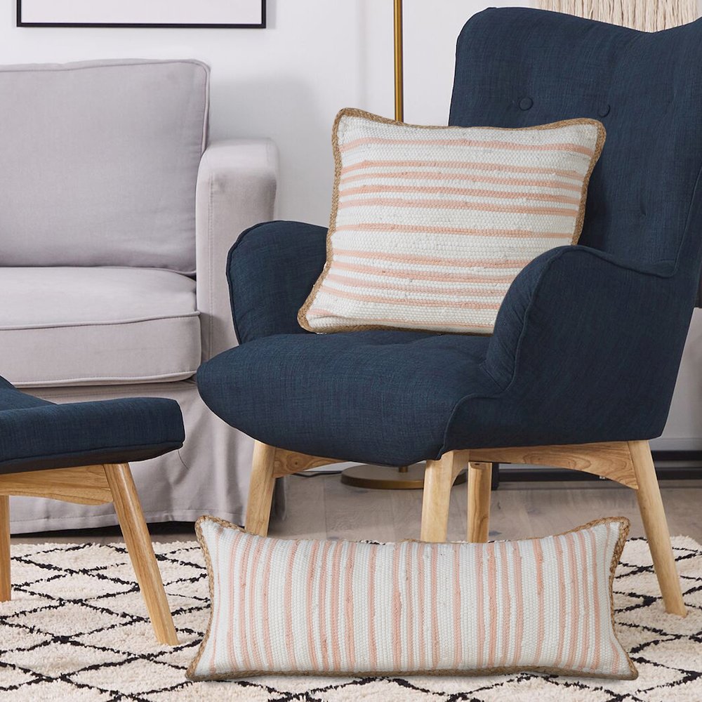 Coral Pink and White Striped Jute Bordered Throw Pillow. Picture 6