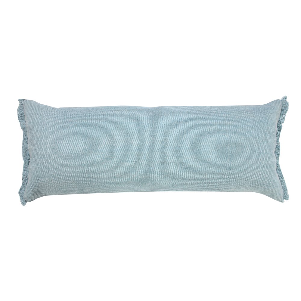 Light Blue Solid Stonewash Lumbar Throw Pillow with Fringe. Picture 1