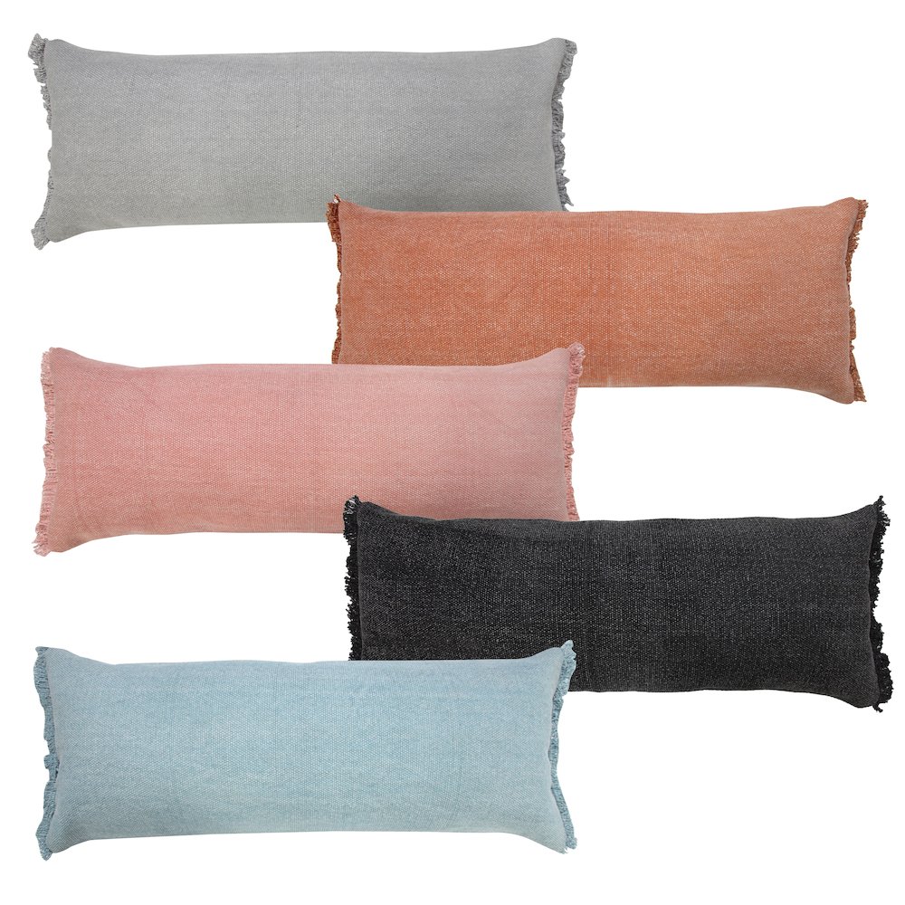 Muted Black Solid Stonewash Lumbar Throw Pillow with Fringe. Picture 8