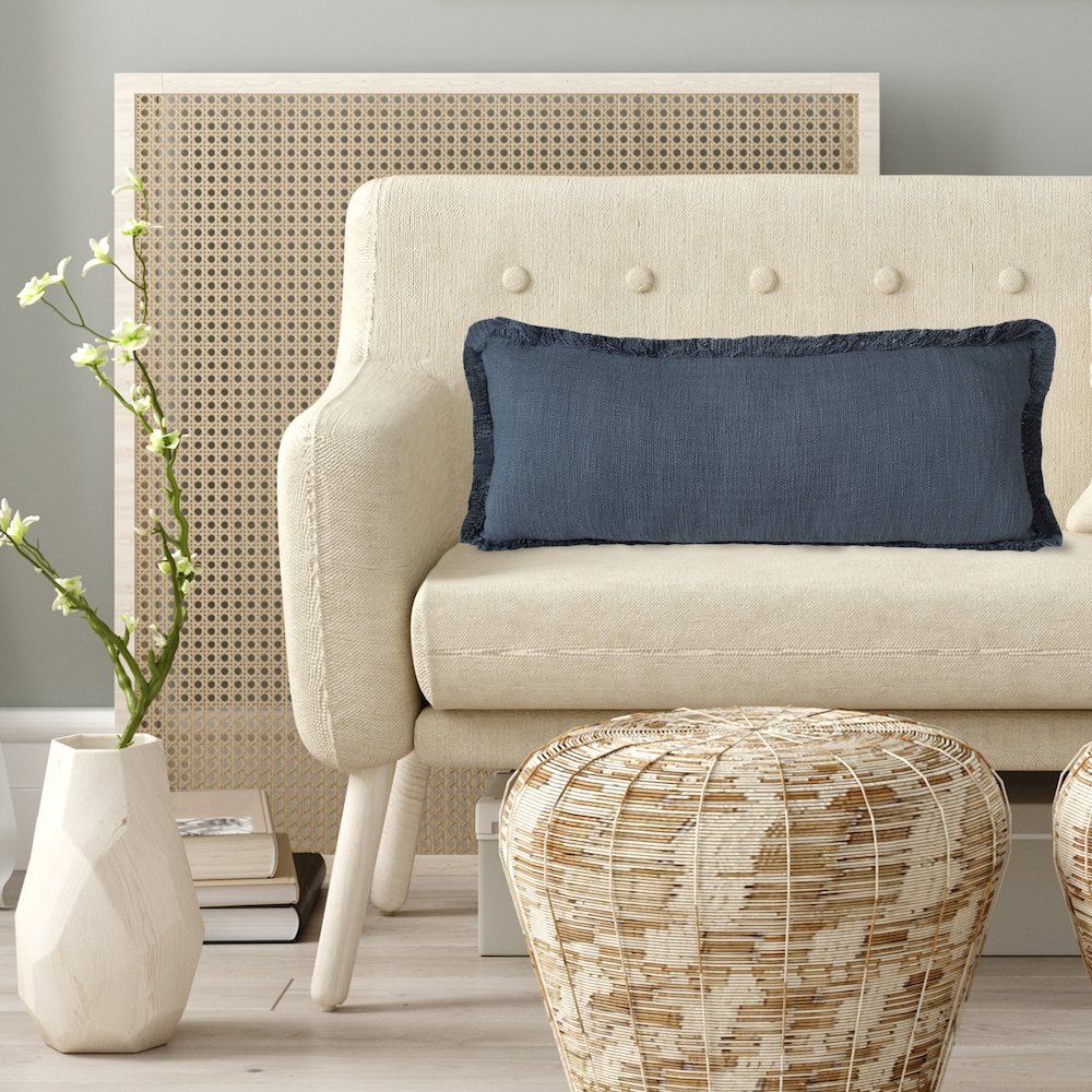 Unique Neutral Solid Cotton Lumbar Throw Pillow with Fringe. Picture 8