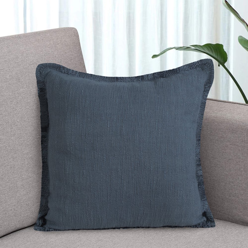 Unique Neutral Solid Cotton Throw Pillow with Fringe. Picture 9