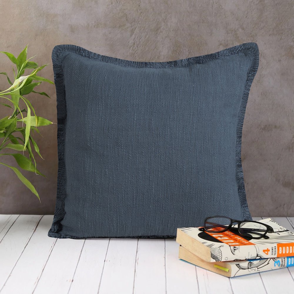 Unique Neutral Solid Cotton Throw Pillow with Fringe. Picture 10