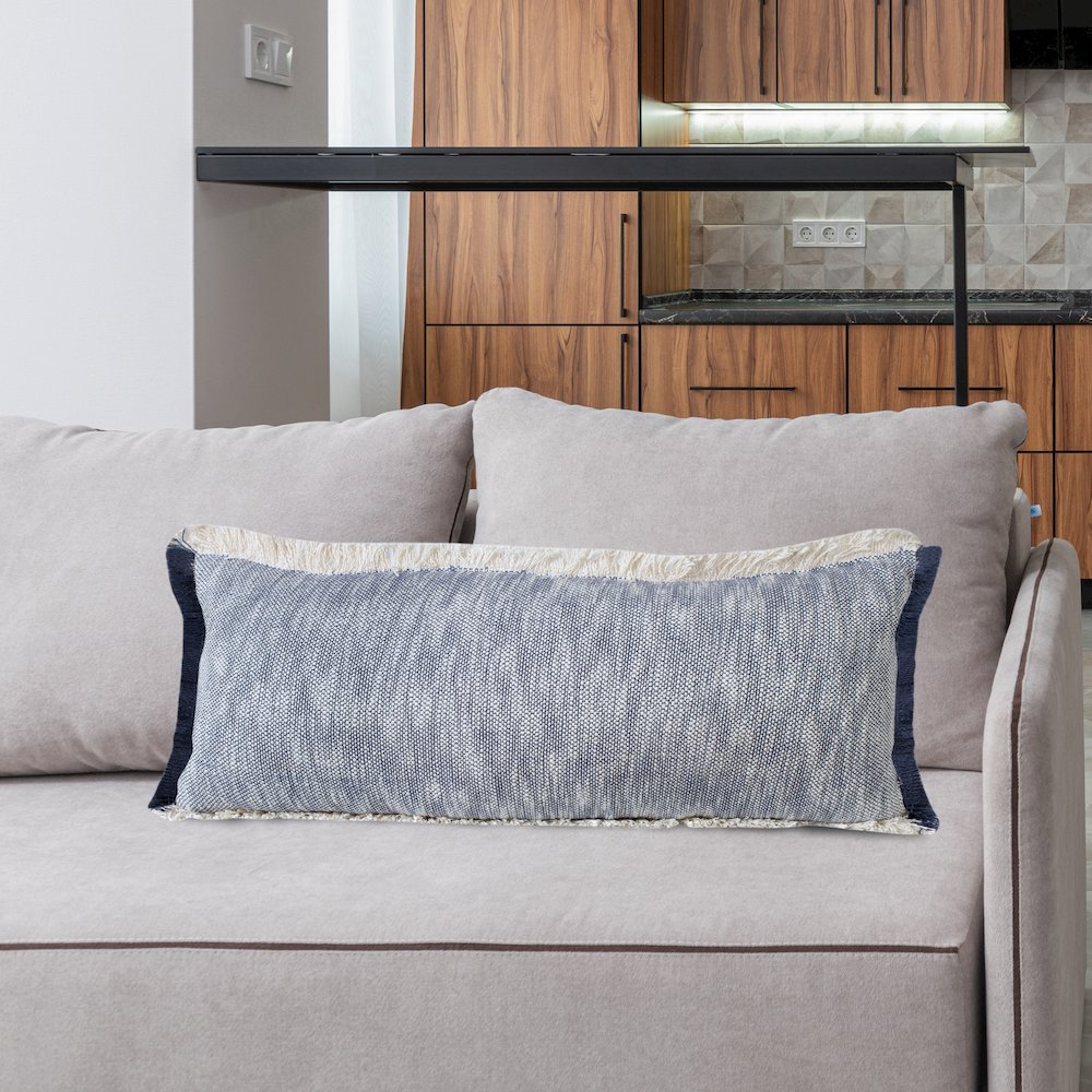 Unique Neutral Two-Tone Cotton Lumbar Throw Pillow with Fringe. Picture 8