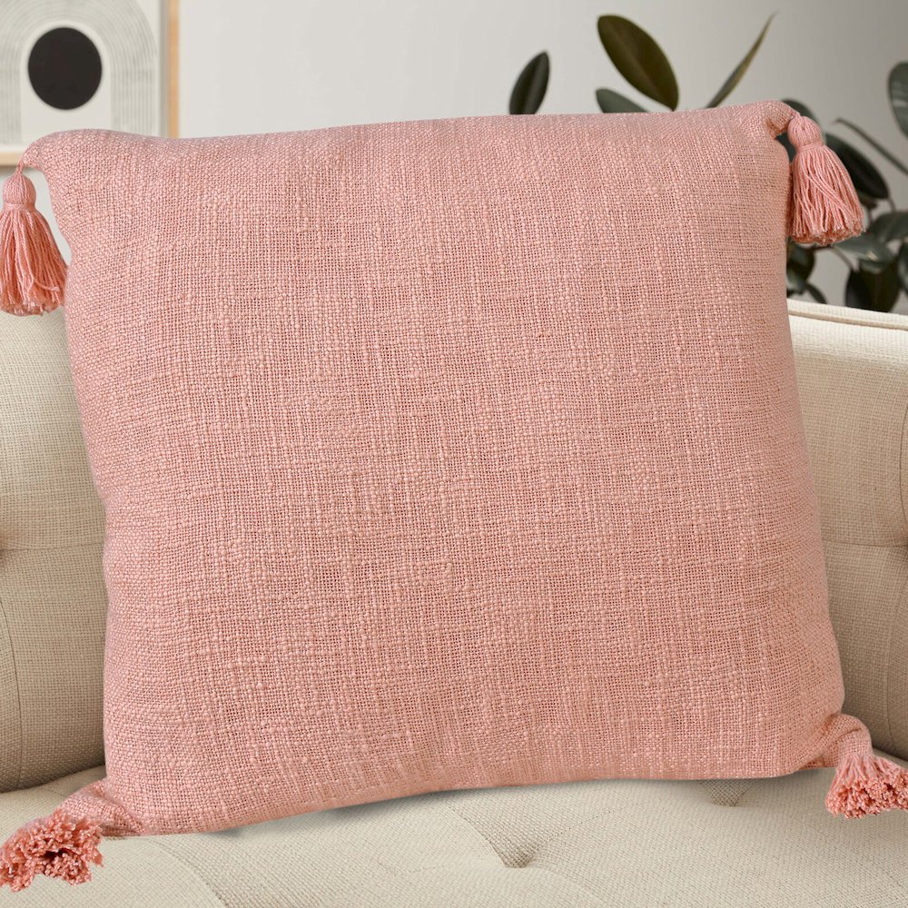 Unique Neutral Solid Cotton Throw Pillow with Tassels. Picture 8
