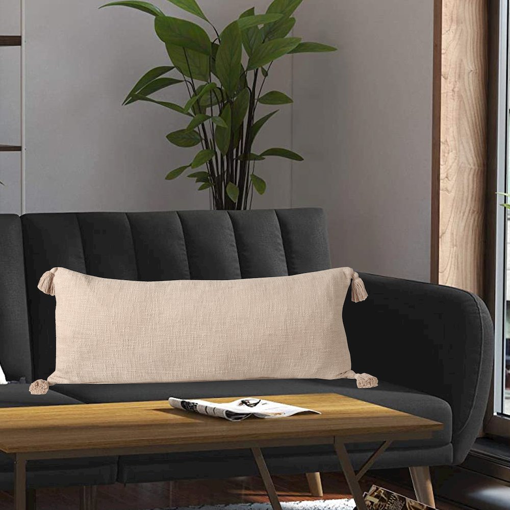 Unique Neutral Solid Cotton Lumbar Throw Pillow with Tassels. Picture 8