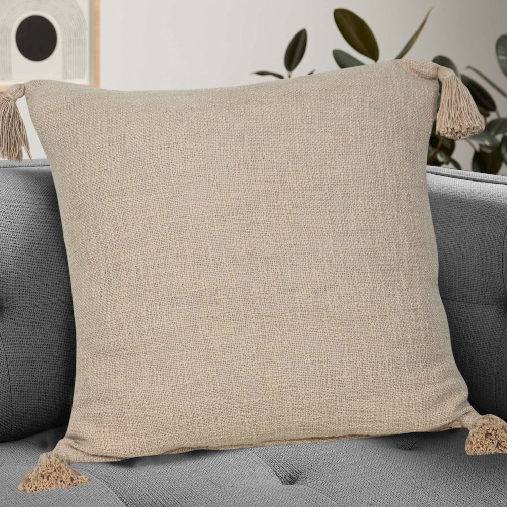 Unique Neutral Solid Cotton Throw Pillow with Tassels. Picture 8