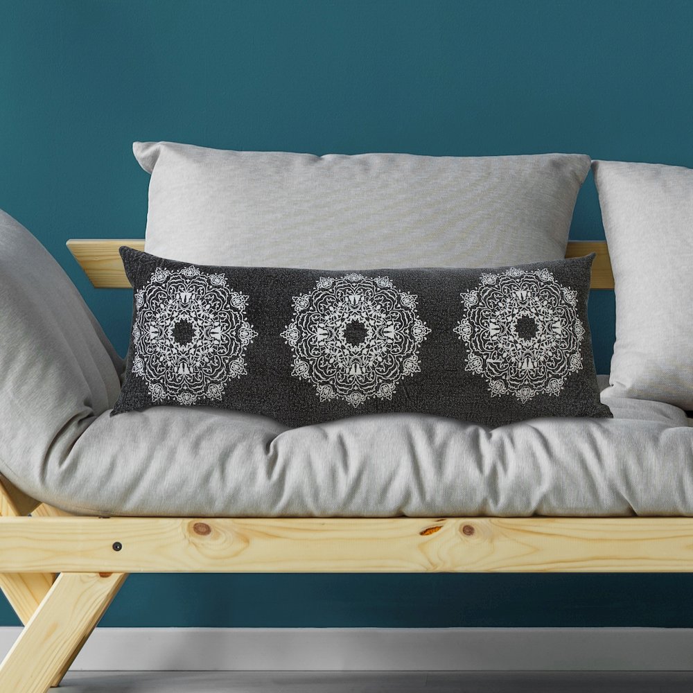 Mandala Cotton Poly Filled Pillow in Black/White, 14" x 36". Picture 8