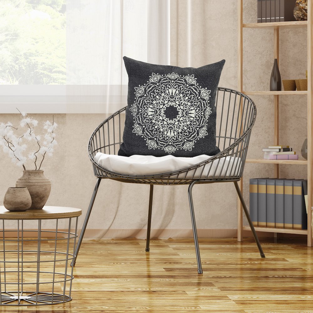 Mandala Cotton Poly Filled Pillow in Black/White, 20" x 20". Picture 8