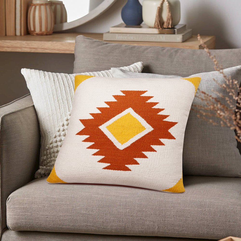 Ox Bay Hand-Woven White/Yellow Geometric All-Natural Cotton Pillow Cover. Picture 9